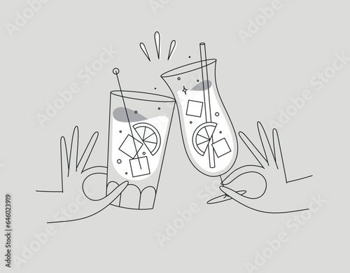 Obraz na płótnie Hand holding pina colada and cuba libre cocktails clinking glasses drawing in flat line style on grey background w salonie