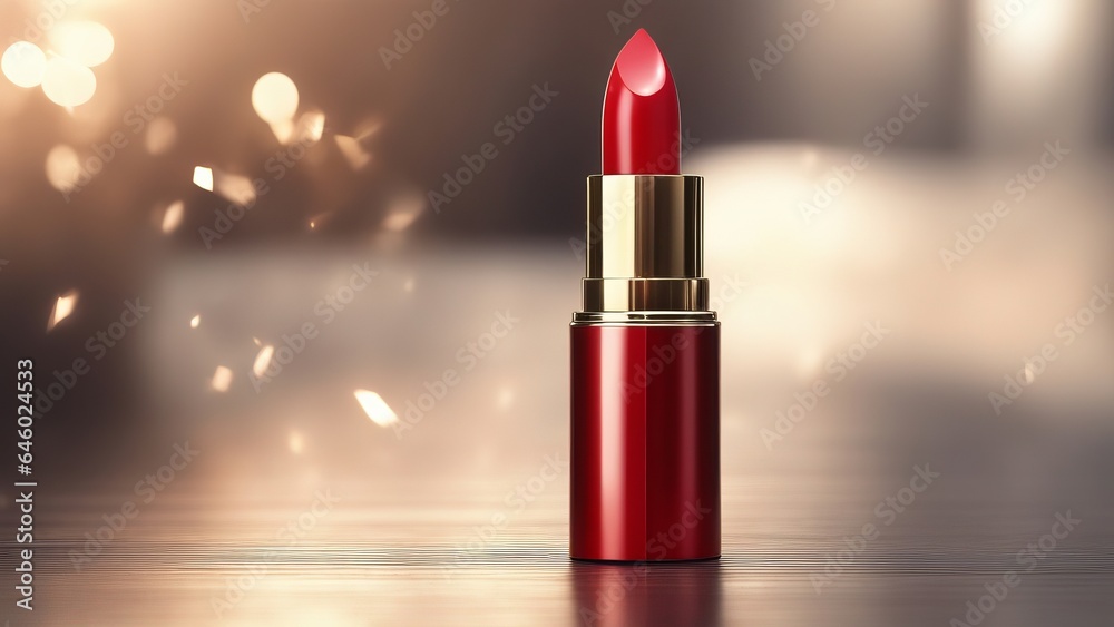 Red open luxe lipstick on a gold background with bokeh - obrazy, fototapety, plakaty 