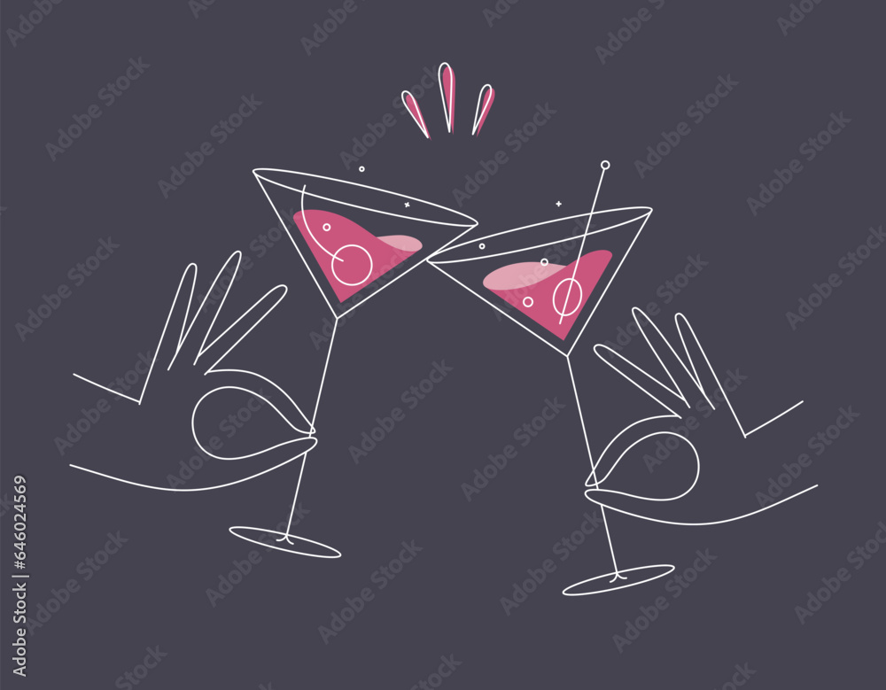 Hand holding cosmopolitan and manhattan cocktails clinking glasses drawing in flat line style on dark blue background