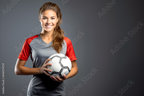 Obraz na plátně Beautiful woman soccer player model in jersey holding a football in photography