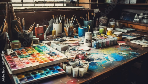 Vibrant watercolor paintings on messy table, creative art collection generated by AI