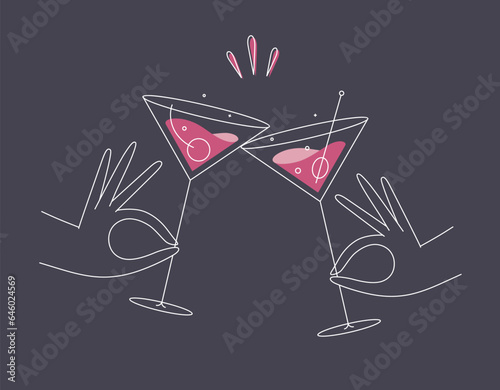 Obraz na płótnie Hand holding cosmopolitan and manhattan cocktails clinking glasses drawing in flat line style on dark blue background w salonie