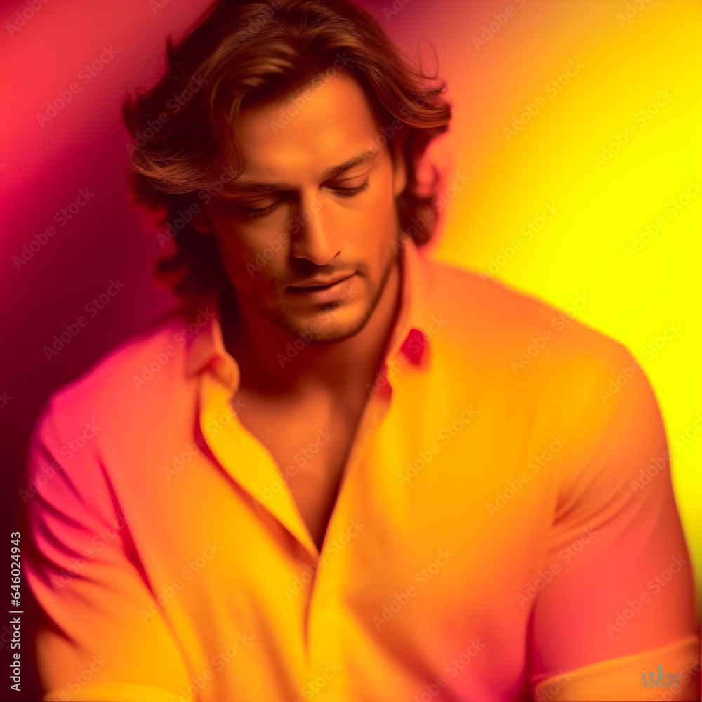 portrait of a sensual handsome man with a red, yellow gradient overlay