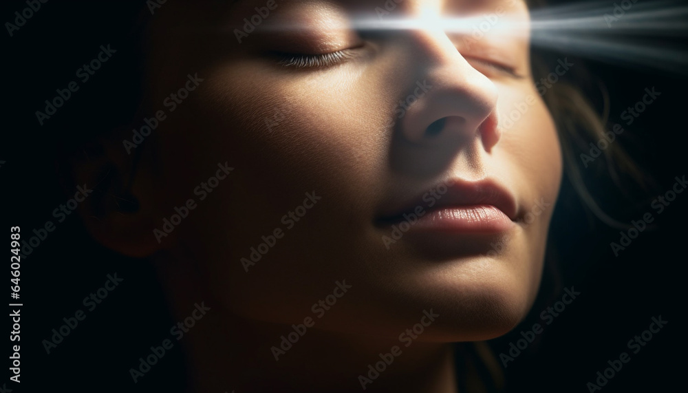 One young adult woman, with brown hair, eyes closed, outdoors generated by AI One young adult woman, with brown hair, eyes closed, outdoors generated by AI
