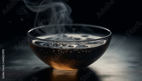 A fresh whiskey pour, bubbles and smoke in glass reflection generated by AI