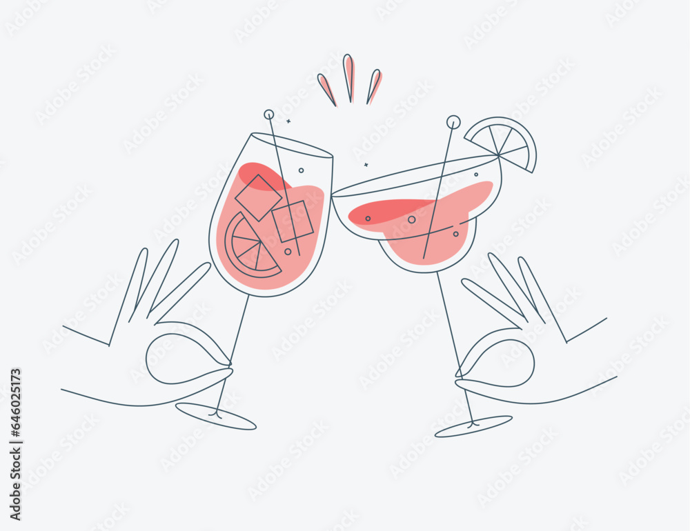 Hand holding margarita and sprits cocktails clinking glasses drawing in flat line style