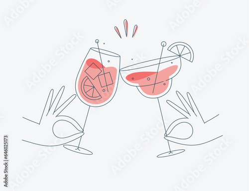 Obraz na płótnie Hand holding margarita and sprits cocktails clinking glasses drawing in flat line style w salonie