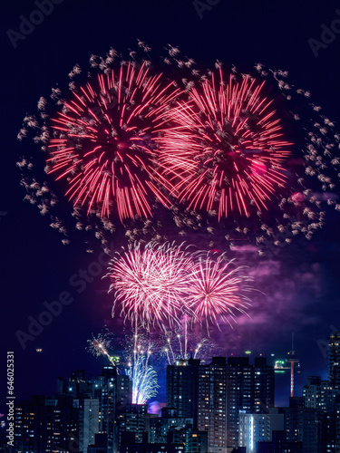 Fireworks in the city at night time. © CarlosTamsui