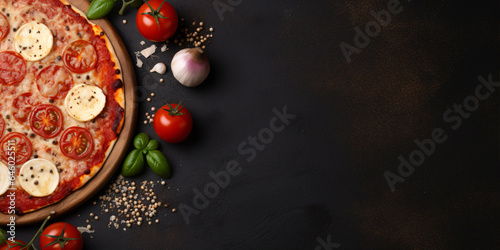 A pizza adorned with tomatoes, cheese, and sauce set against a black stone background. Great for web banners, restaurant menus