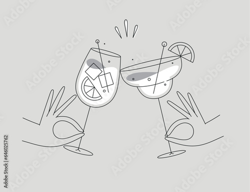 Obraz na płótnie Hand holding margarita and sprits cocktails clinking glasses drawing in flat line style on grey background w salonie