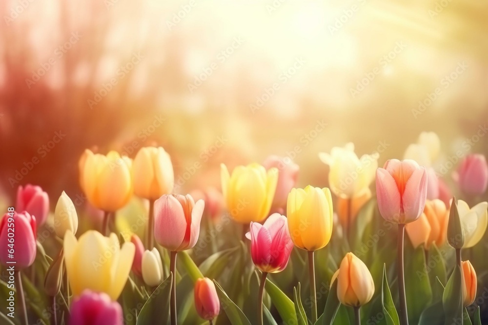 Spring tulips in the sunlight. Seasonal banner. Generative AI