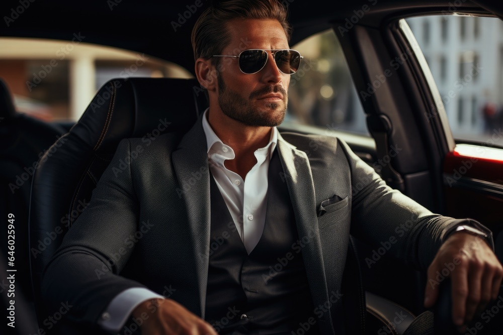 man in elegant clothes sits behind the wheel of a fine sports car 