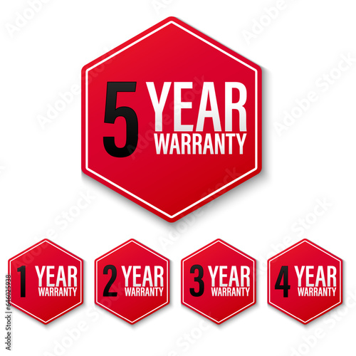 Collection of warranty number 1, 2, 3, 4, 5 year label badge red and white style, Set of warranty logo design isolated on white background, Vector and illustration.