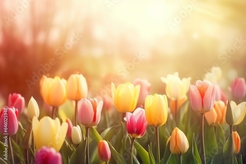 Spring tulips in the sunlight. Seasonal banner. Generative AI