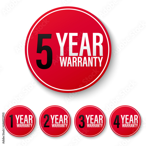 Collection of warranty number 1, 2, 3, 4, 5 year label badge red and white style, Set of warranty logo design isolated on white background, Vector and illustration.