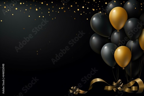 Celebratory card with gold and black balloons, serpentine, ribbons on dark gradient background. Birthday greetings from everyone. Generative AI