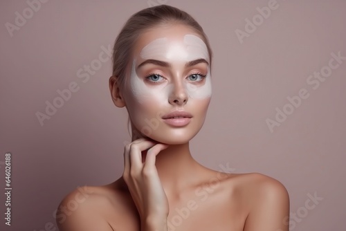 Generative ai  Beautiful young woman applying cosmetic cream treatment on her face isolated on background . Girl with clean fresh skin 