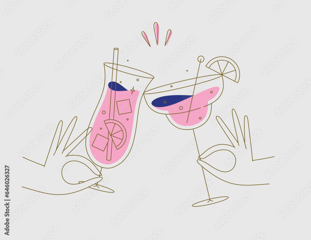 Hand holding pina colada and margarita cocktails clinking glasses drawing in flat line style on beige background