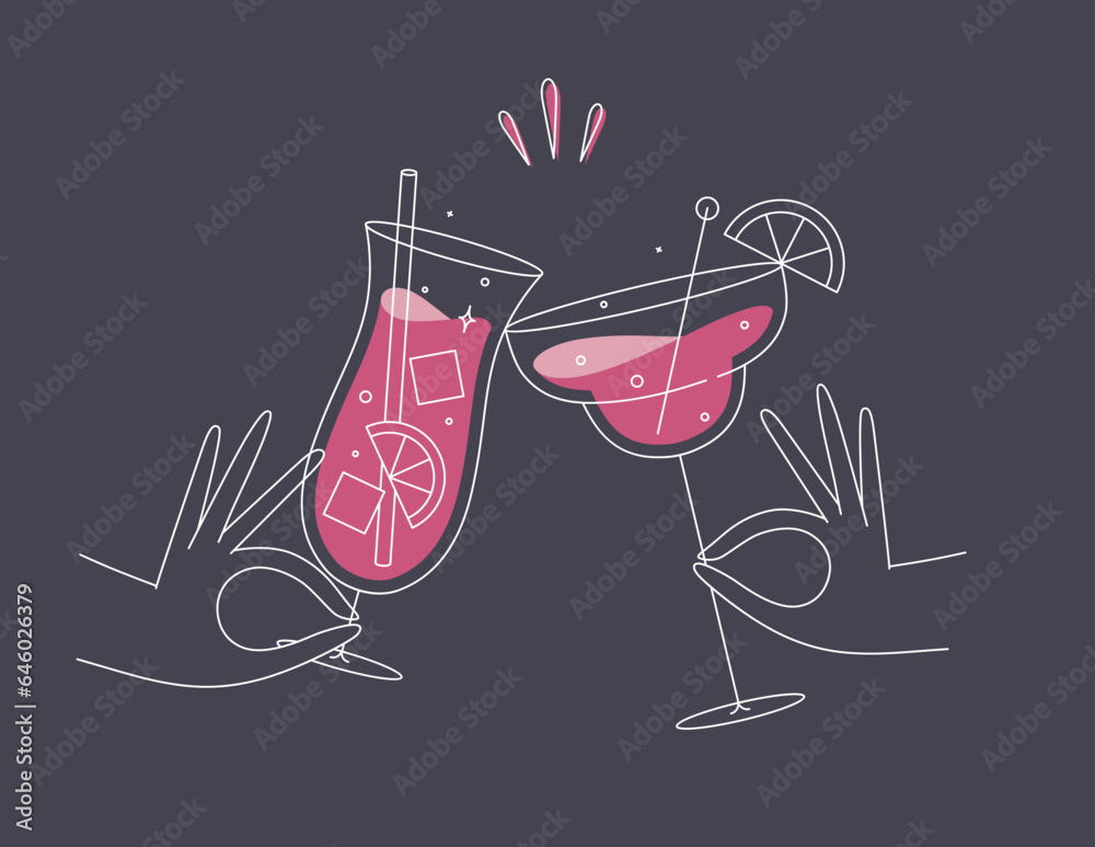 Hand holding pina colada and margarita cocktails clinking glasses drawing in flat line style on dark blue background