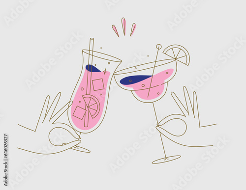 Obraz na płótnie Hand holding pina colada and margarita cocktails clinking glasses drawing in flat line style on beige background w salonie