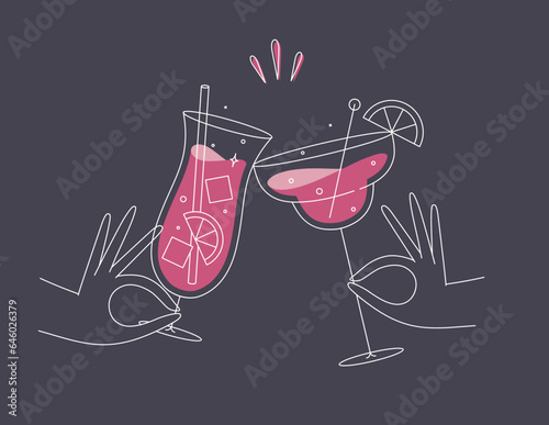 Obraz na płótnie Hand holding pina colada and margarita cocktails clinking glasses drawing in flat line style on dark blue background w salonie