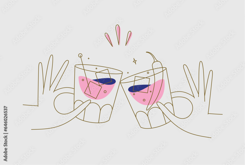 Hand holding whiskey and old fashioned cocktails clinking glasses drawing in flat line style on beige background