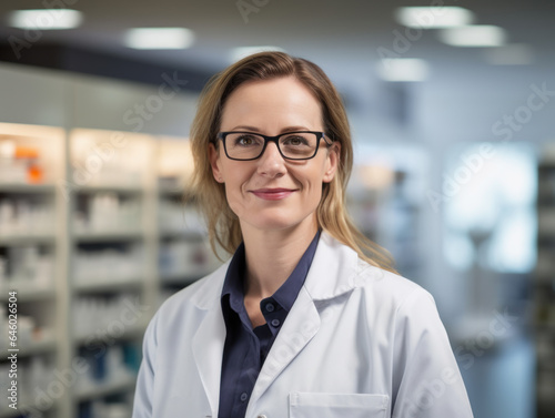 A female pharmacist smiling at pharmacy wearing eye glasses and white coat close-up shot