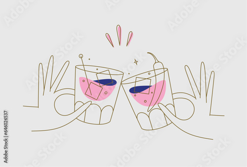 Hand holding whiskey and old fashioned cocktails clinking glasses drawing in flat line style on beige background
