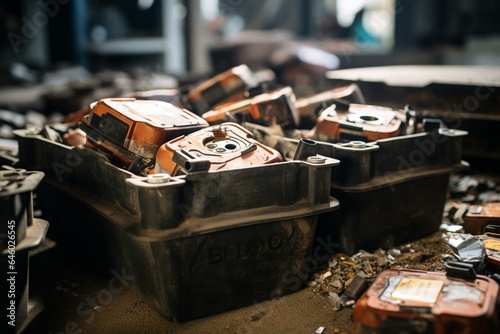 Old car batteries in a garage for recycling in a scrap yard. Selective focus. Generative AI