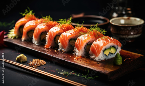 Assorted sushi rolls showcased on a dark plate.