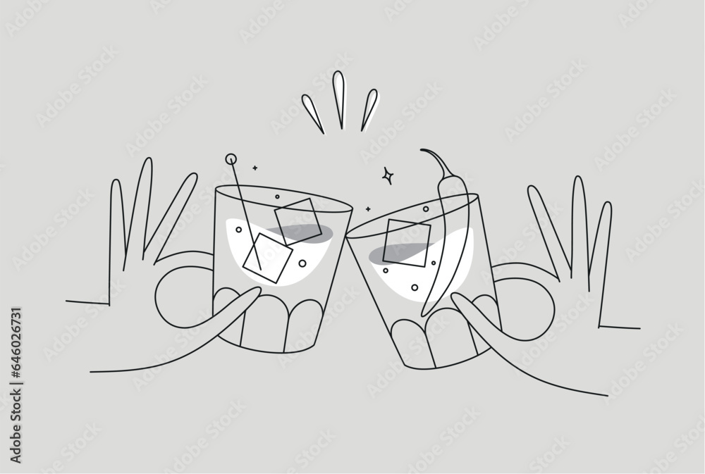Hand holding whiskey and old fashioned cocktails clinking glasses drawing in flat line style on grey background