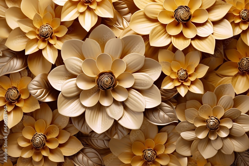 3D golden flower decoration on European-style stereo wallpaper. Generative AI - obrazy, fototapety, plakaty 