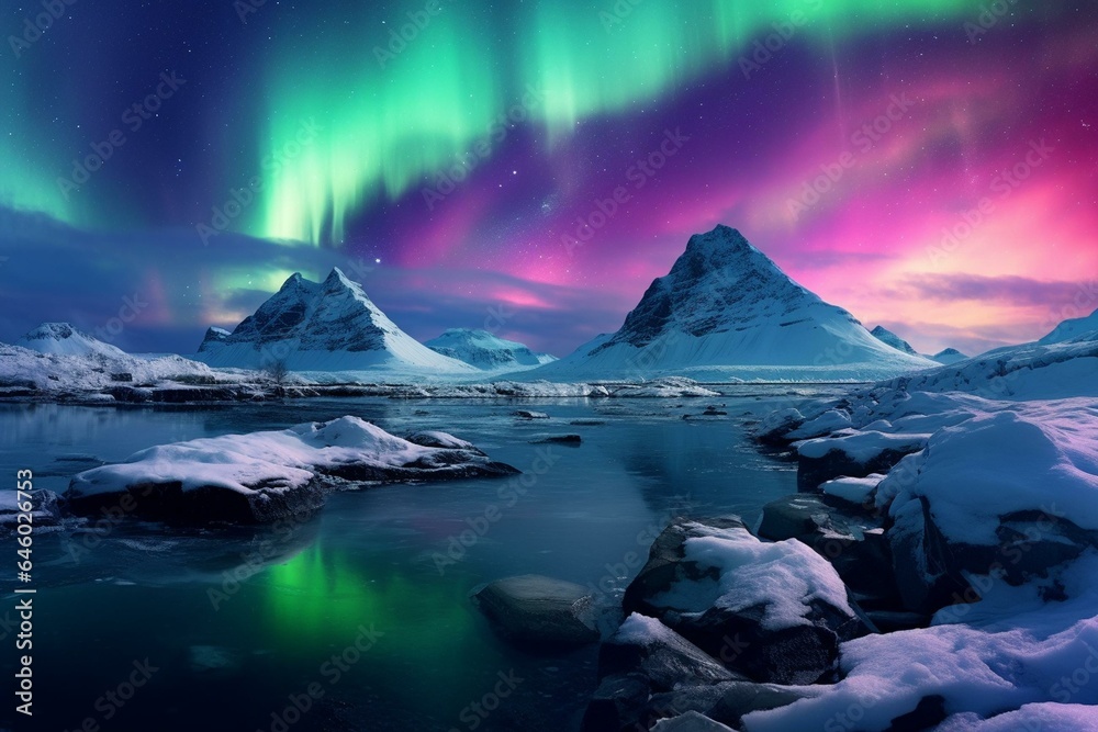 Panoramic image of icy terrain with beautiful aurora borealis illuminating the sky. Generative AI