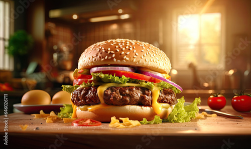 Mouth watering hamburger with fresh ingredients.