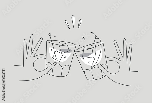 Obraz na płótnie Hand holding whiskey and old fashioned cocktails clinking glasses drawing in flat line style on grey background w salonie
