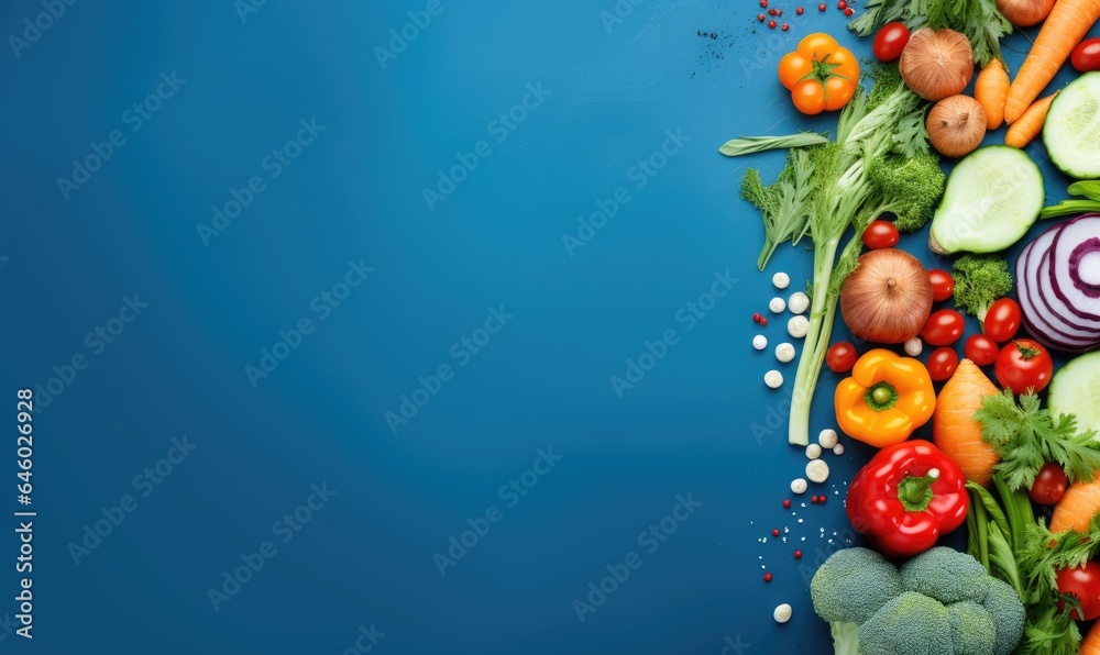 Fototapeta premium Top view vegetables on deep blue background. Vegetarian organic food banner.