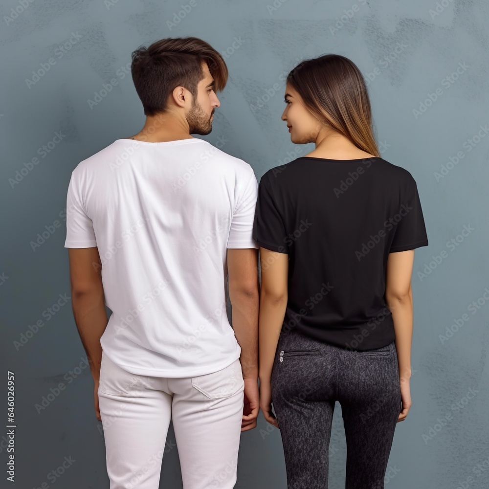 Fototapeta premium Illustration of a fashion portrait with plain t-shirt mockup, AI Generated
