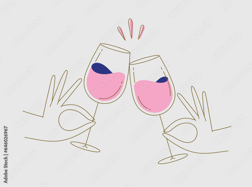 Hand holding wine clinking glasses drawing in flat line style on beige background