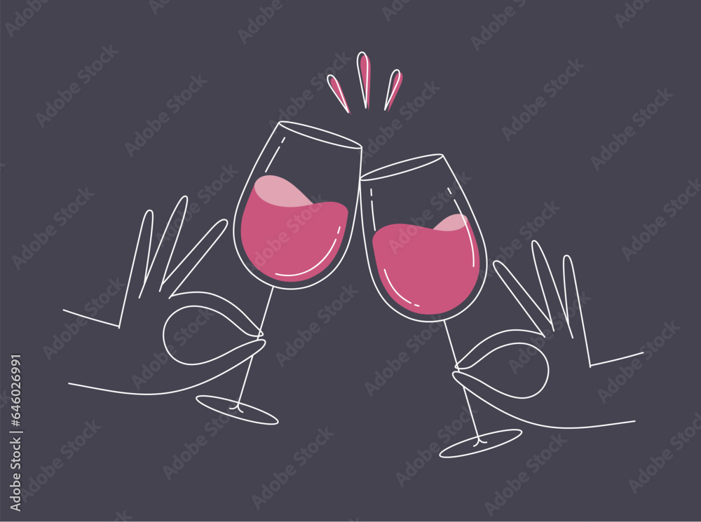 Hand holding wine clinking glasses drawing in flat line style on dark blue background