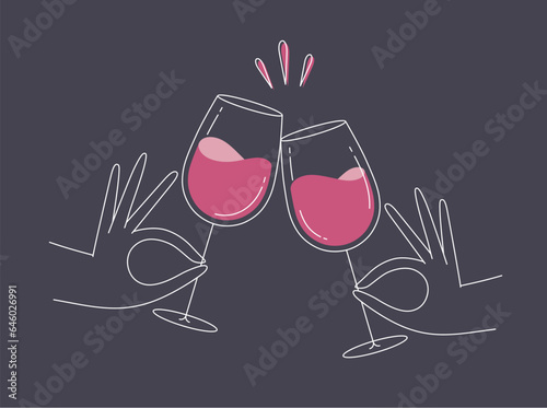 Hand holding wine clinking glasses drawing in flat line style on dark blue background