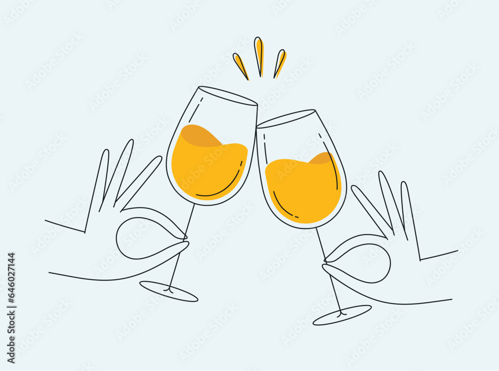 Hand holding wine clinking glasses drawing in flat line style on light background