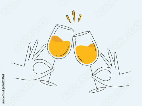 Obraz na płótnie Hand holding wine clinking glasses drawing in flat line style on light background w salonie
