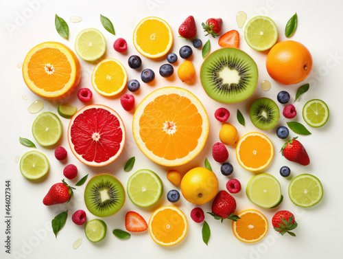Close-up shot of a big variety of healthy fruit in white background