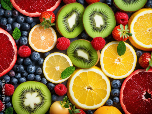 Close-up shot of a big variety of healthy fruit in white background