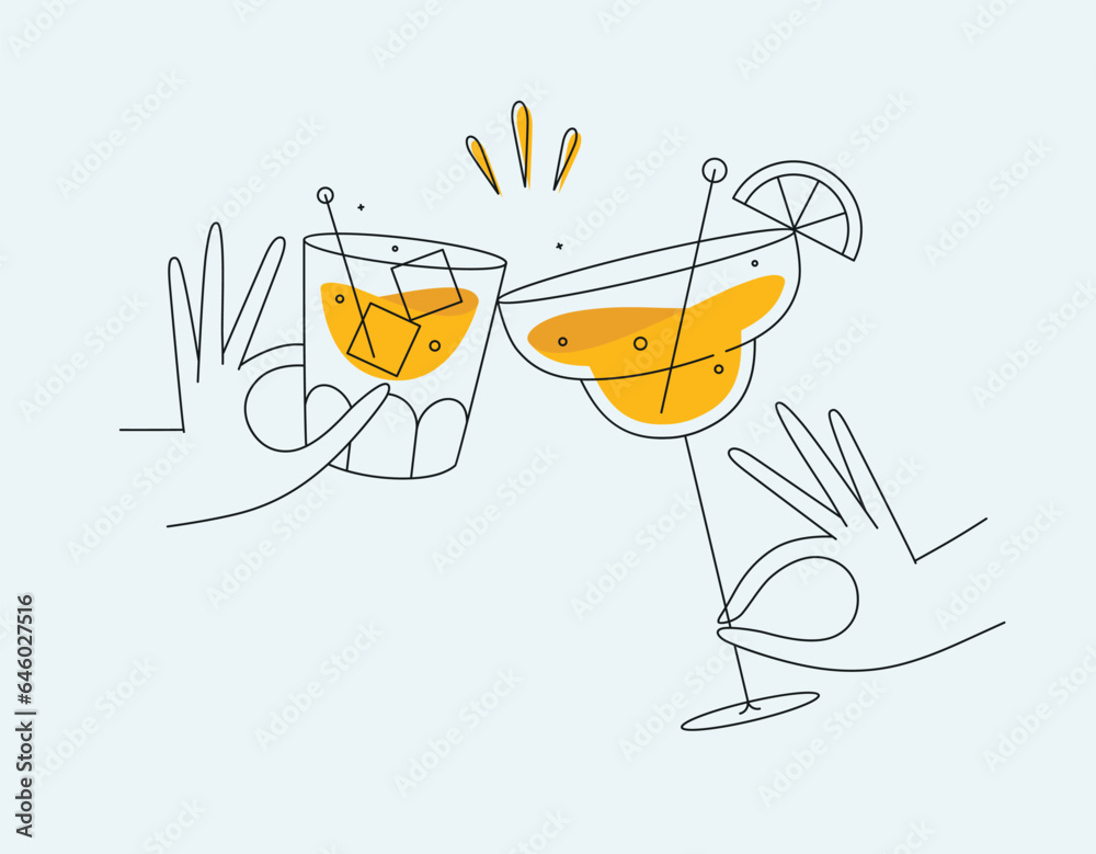 Hand holding whiskey and margarita cocktails clinking glasses drawing in flat line style on light background