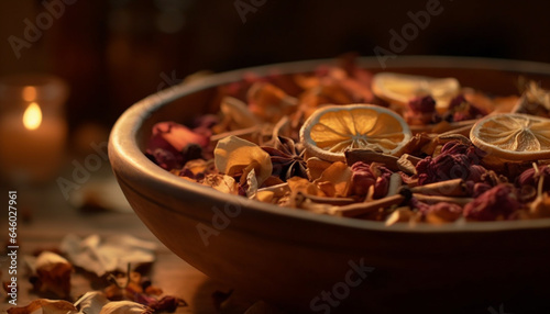 Aromatic citrus and spice adorn the rustic wooden table generated by AI