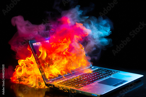 Ai generated image of laptop damage by fire with vibrant color photo