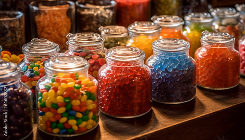 A vibrant collection of multi colored candy in a glass jar generated by AI