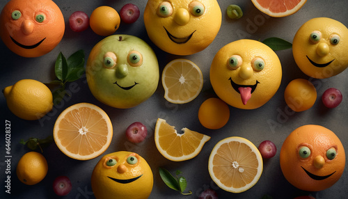 Smiling citrus characters bring fun and freshness to healthy eating generated by AI