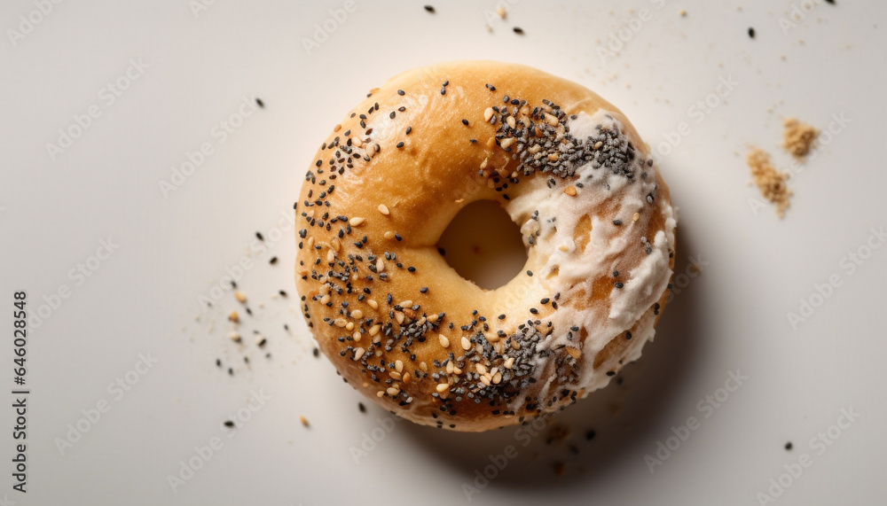 Indulgent sesame donut on whole wheat plate, a guilty pleasure generated by AI Indulgent sesame donut on whole wheat plate, a guilty pleasure generated by AI